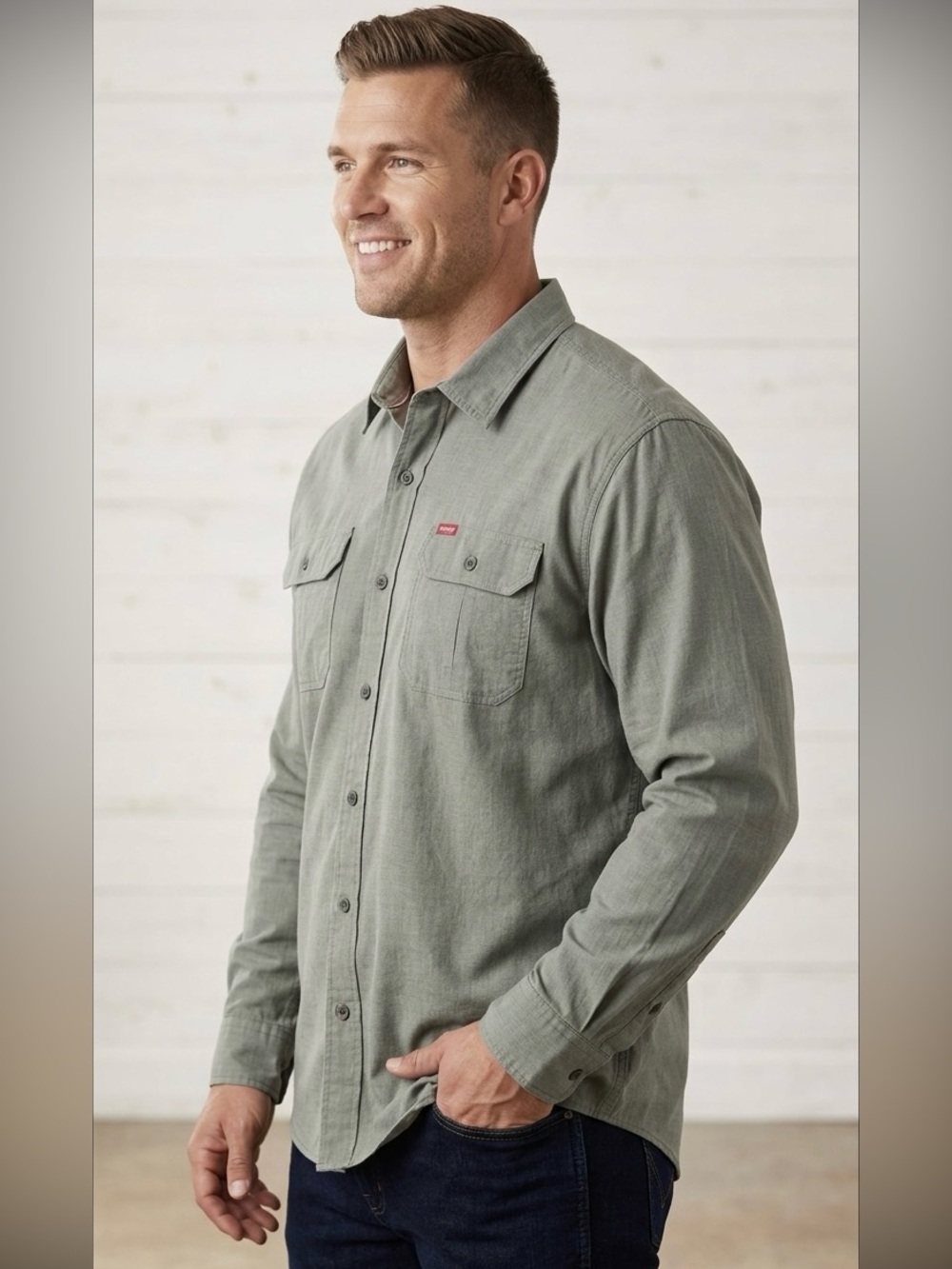 Wrangler Olive Green Long Sleeve Dress Shirt